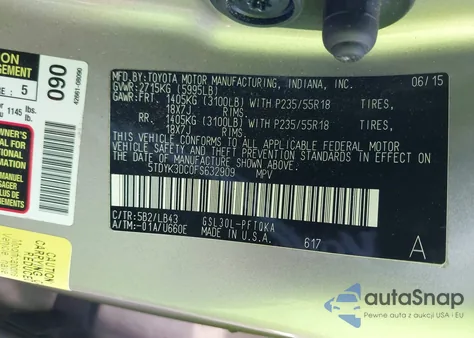 2015 Toyota Sienna Limited Premium 7 Passenger z USA, uszkodzony, nr VIN 5TDYK3DC0FS632909